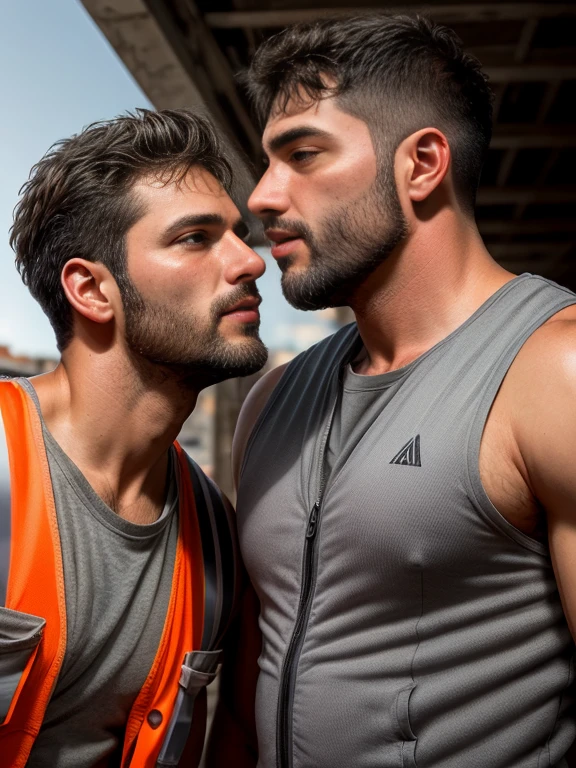 masterpiece, best quality, high resolution, closeup portrait, male focus, solo focus, A man, 40 years old, with construction worker uniform, unbuttoned work clothes, construction worker, silver grey hair, messy hairstyle, cute and seductive face, bare chest, body hair, facial hair, roman nose, very skinny body, hairy legs, dimples, beard, bold jawline , in the background a construction site, two men love touch romantic, kneeling, two men kiss, sweaty, sunburnt, orange vest, attractive, view from below, amazing composition, front view, HDR, ultra quality, elegant, highly detailed
