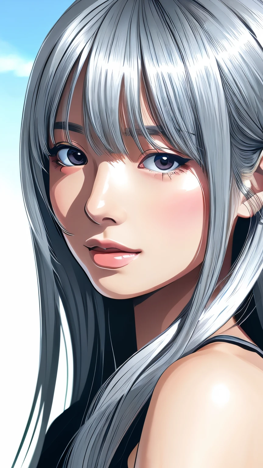 Illustration style、Showa Anime、Woman looking this way、Japanese、 (highest quality, Ultra-detailed, Portraiture, Natural light)、Stylish、Dark Silver Hair