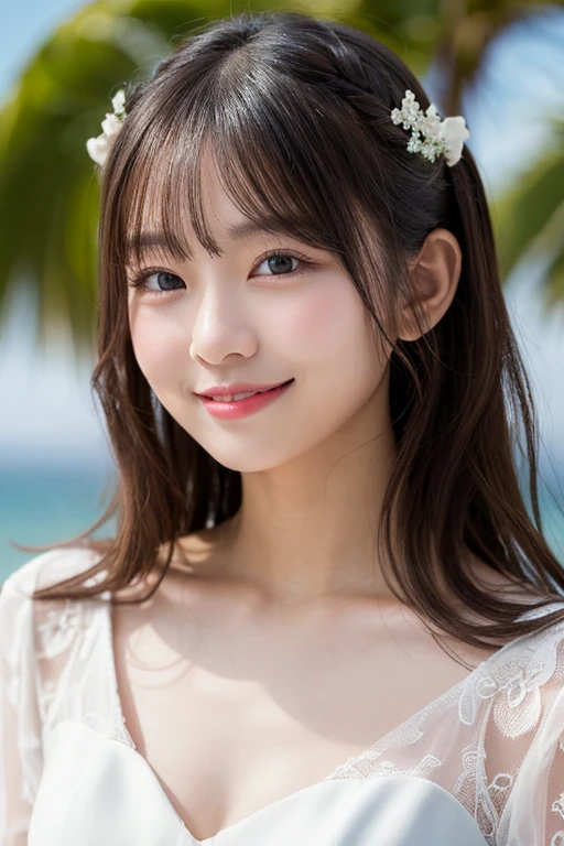 highest quality, shape, Very detailed, In detail, High resolution, 8k wallpaper, Perfect dynamic composition, Beautiful details, Beautiful Hair,White Wedding Dress,hairstyles that go with wedding dresses, Center of chest, Natural color lip,Random sexy poses , smile , Hawaiian Coast、20-year-old girl,Ecstatic face , (Small chest:1.4) , masterpiece , side lock hair , Shine a light on your chest、smile