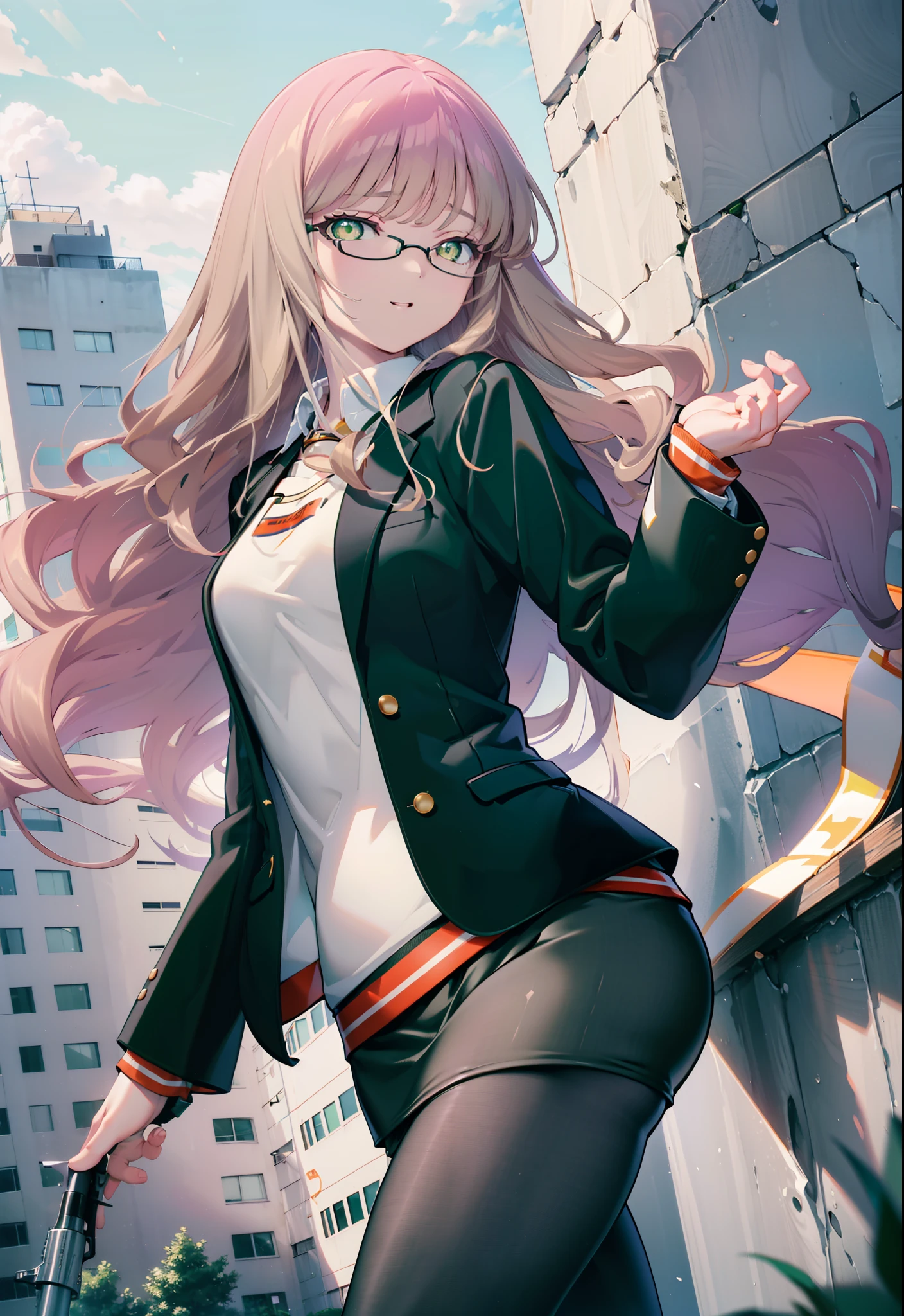 minami yume ,sss Dynazenon ,Long Hair, Brown Hair, (Green Eyes:1.5) ,Mid-chest,hair band,happy smile, smile, Open your mouth,OL, Black-rimmed glasses, end, Black suit jacket, Collared jacket, White dress shirt, Collared shirt, Neckline, button, Black pencil skirt, Black Pantyhose,Stiletto heels,morning,morning陽,The sun is rising,As if your whole body is in the illustration,
break looking at viewer, (Cowboy Shot:1. 5)
break outdoors, city,construction area,
break (masterpiece:1.2), highest quality, High resolution, unity 8k wallpaper, (shape:0.8), (Fine and beautiful eyes:1.6), Highly detailed face, Perfect lighting, Highly detailed CG, (Perfect hands, Perfect Anatomy),