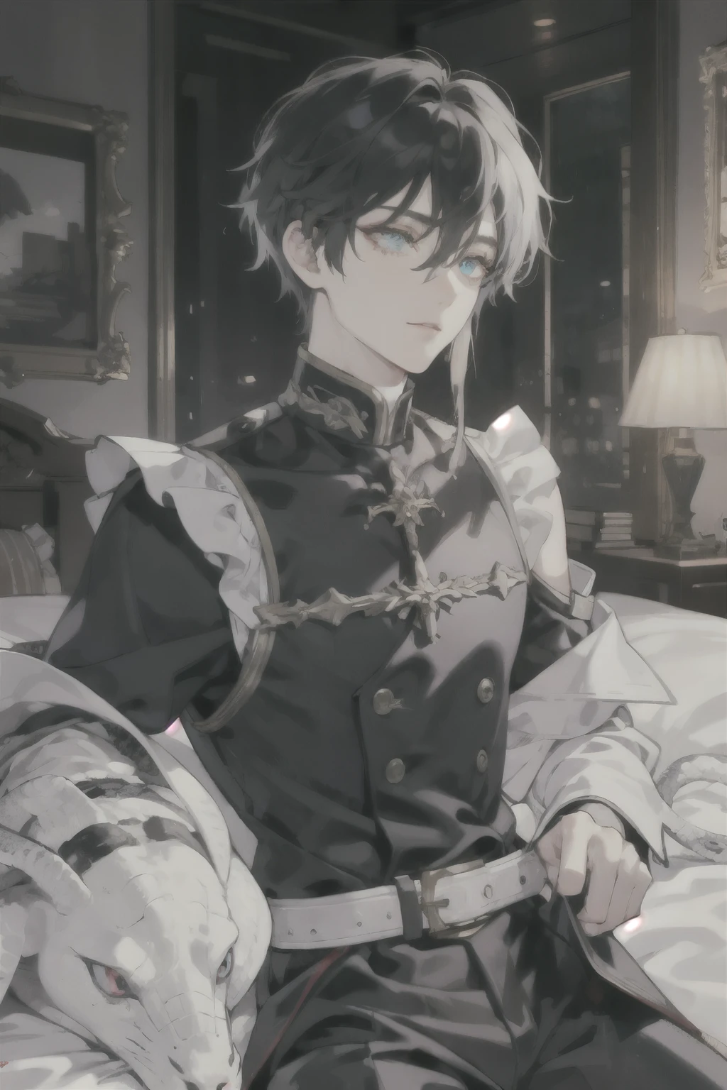 masterpiece, best quality, ultra detailed, (solo man), (male focus), ((Oblong face)), ((Square jawline)), black hair, ((hairs between eyes)), ((shoulder length)), ((narrow blue eye)), fair skin, skinny body, beauty mark, {uniform, outfit, clothes}, Maid costume, (Giving an insincere smile:0.7), snfw, (entangled a big albino snake), spread legs on bed, (completely nude:0.5), front face