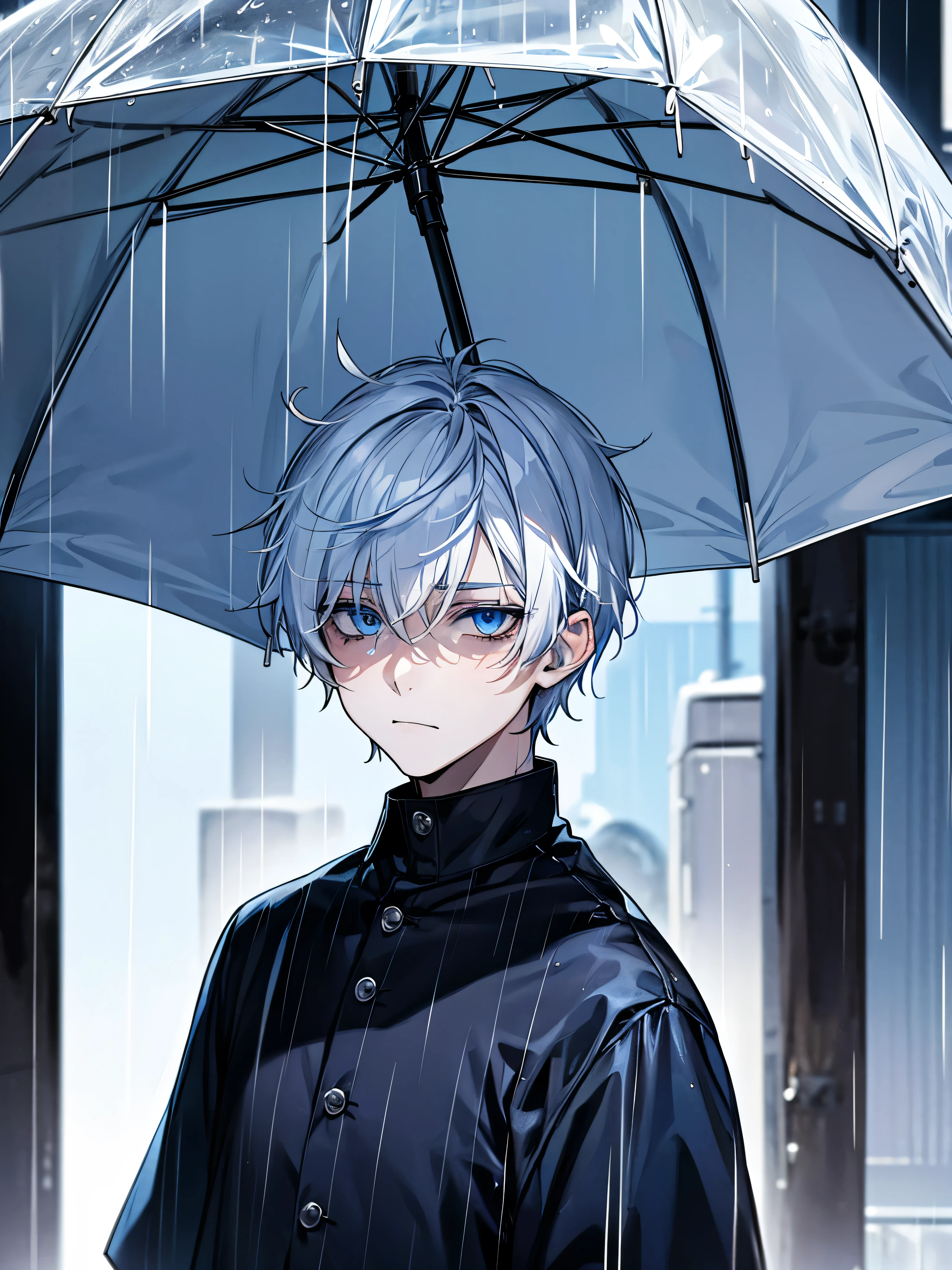 Blue eyes, white hair, male, teenager, short hair, depressed, sad, emo, sadboy, under the rain