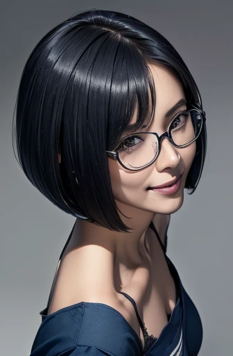 (masterpiece), (8k, best quality, high resolution), (ultra-detailed, realistic), (anatomically correct),
((from above)), ((look up and see the viewer)),
((face close-up)), (Standing), (No background),
(1woman),
(A Japanese woman, 30 years old and 155cm tall.),
(((Wear a navy blue tunic camisole))), ((A camisole without decoration.)),
(black hair), (straight hair), (short hair style), ((bob cut)),
(wear glasses), (black square cell glasses),
((smile broadly)),
(Her impression is pure, clean and kind.),