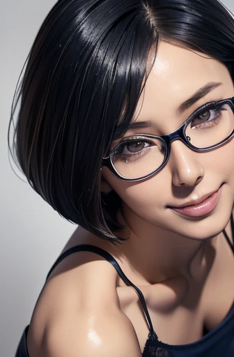 (masterpiece), (8k, best quality, high resolution), (ultra-detailed, realistic), (anatomically correct),  
((from above)), ((look up and see the viewer)), 
((face close-up)), (Standing), (No background),
(1woman),   
(A Japanese woman, 30 years old and 155cm tall.), 
(((Wear a navy blue tunic camisole))), ((A camisole without decoration.)),  
(black hair), (straight hair), (short hair style), ((bob cut)), 
(wear glasses), (black square cell glasses), 
((smile broadly)), 
(Her impression is pure, clean and kind.),

