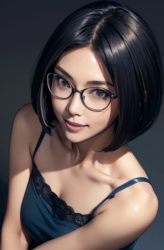 (masterpiece), (8k, best quality, high resolution), (ultra-detailed, realistic), (anatomically correct),
((from above)), ((look up and see the viewer)),
((face close-up)), (Standing), (No background),
(1woman),
(A Japanese woman, 30 years old and 155cm tall.),
(((Wear a navy blue tunic camisole))), ((A camisole without decoration.)),
(black hair), (straight hair), (short hair style), ((bob cut)),
(wear glasses), (black square cell glasses),
((smile broadly)),
(Her impression is pure, clean and kind.),