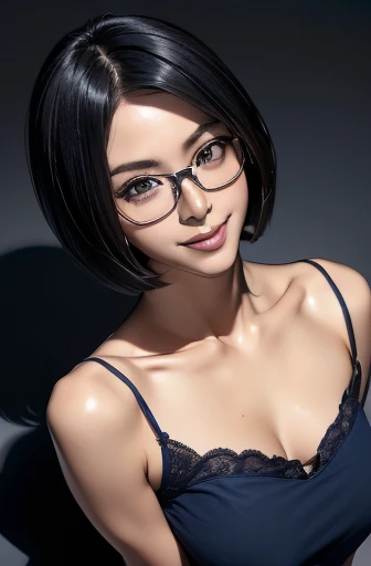 (masterpiece), (8k, best quality, high resolution), (ultra-detailed, realistic), (anatomically correct),  
((from above)), ((look up and see the viewer)), 
((face close-up)), (Standing), (No background),
(1woman),   
(A Japanese woman, 30 years old and 155cm tall.), 
(((Wear a navy blue tunic camisole))), ((A camisole without decoration.)),  
(black hair), (straight hair), (short hair style), ((bob cut)), 
(wear glasses), (black square cell glasses), 
((smile broadly)), 
(Her impression is pure, clean and kind.),
