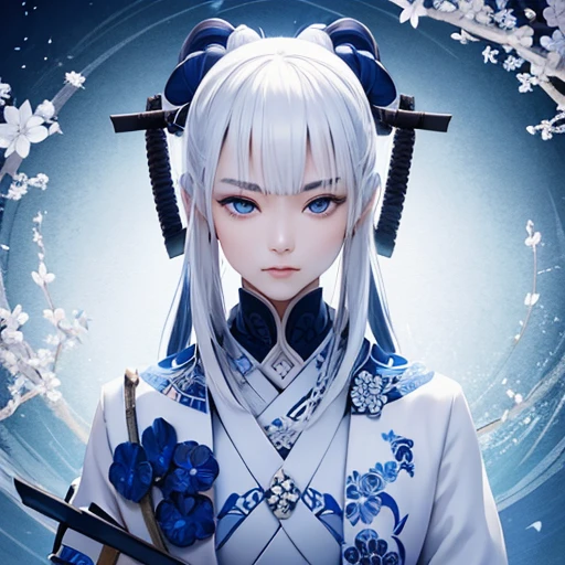 a samurai made out of porcelain、sword、 in the style of balanced symmetry、white and blue、 detailed facial features、organic forms、 meticulous portraiture、 complex patterns