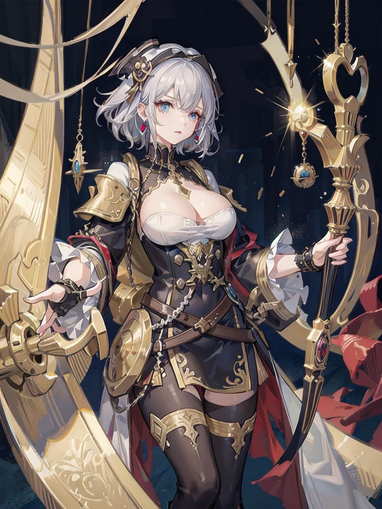 absurdres, RAW photo, extremely delicate and beautiful, masterpiece, Best Quality, ultra high resolution, 32k, hyperrealistic, ultra-detailed, perfect figure, detailed description, pale skin, 20 years old, detailed beautiful face and eyes, tearful mole, earring, short medium hair, wavy hair, full body, a heavily armored pirate, pirate captain, detailed metal armor, intricate pirate clothing, bold colors, highly detailed metal textures, holding a massive anchor,