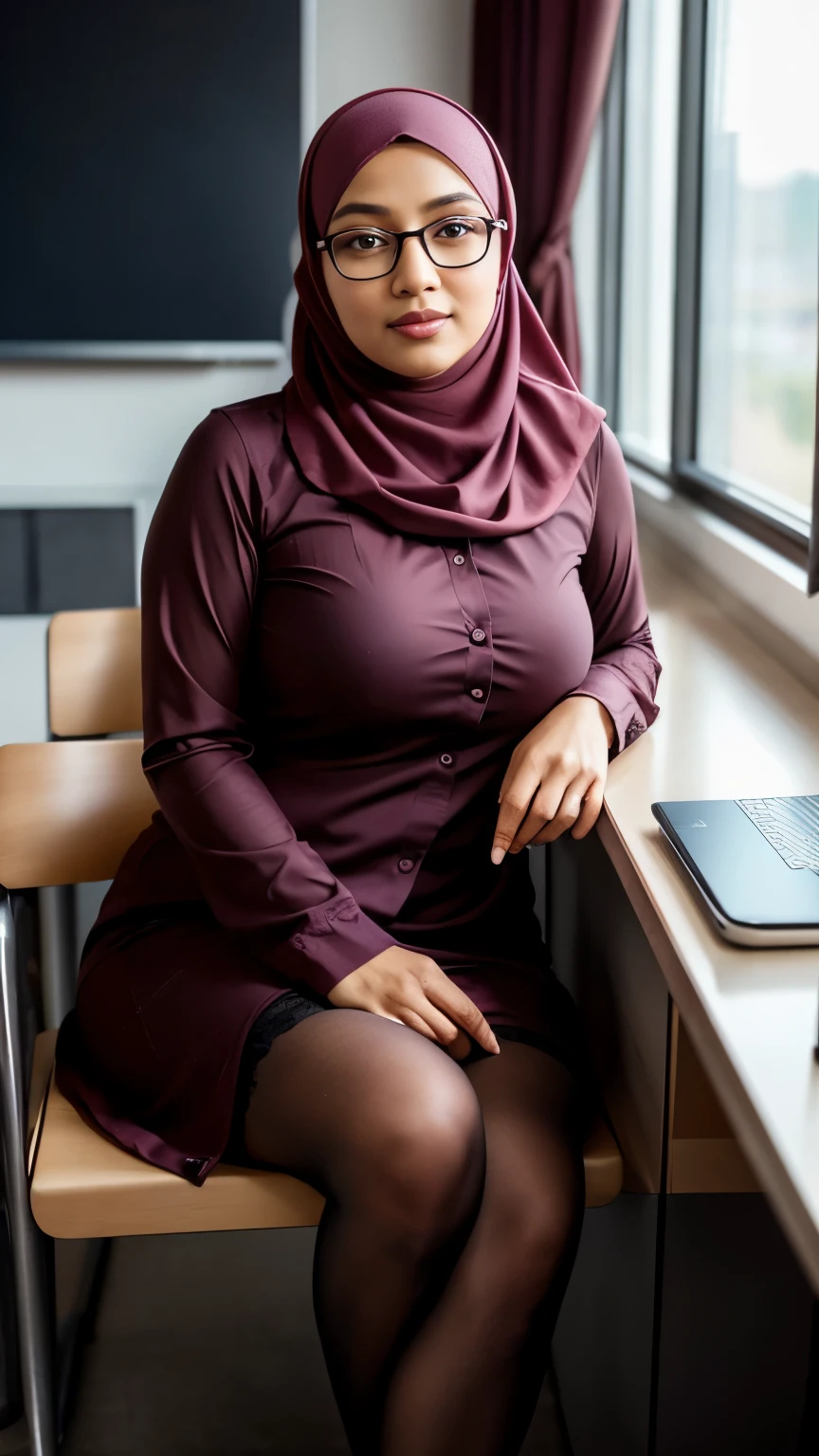 ((beautiful Nerd malaysia college Lecturer woman)), 45 Years old, Middle age woman, name mira filzah brown eye, wearing nerd eyewear,tudung muslim,modernbaju kurung look rich,, unbuttoned baju Kurung, Pantyhose, calm,confident,happy, realistic beautiful Curvy body, White Skin Body,looking at viewer, sitting on desk in classroom, Spreading Legs,showing her beautiful Legs, (photo, photorealistic:1.37), (ultrahigh-res), half body, walking pose, hyper detailed POV, by lee jeffries, nikon d850, film stock photograph ,4 kodak portra 400 ,camera f1.6 lens ,rich colors ,hyper realistic ,lifelike texture, dramatic lighting , cinestill 800, (huge breasts 1.3)