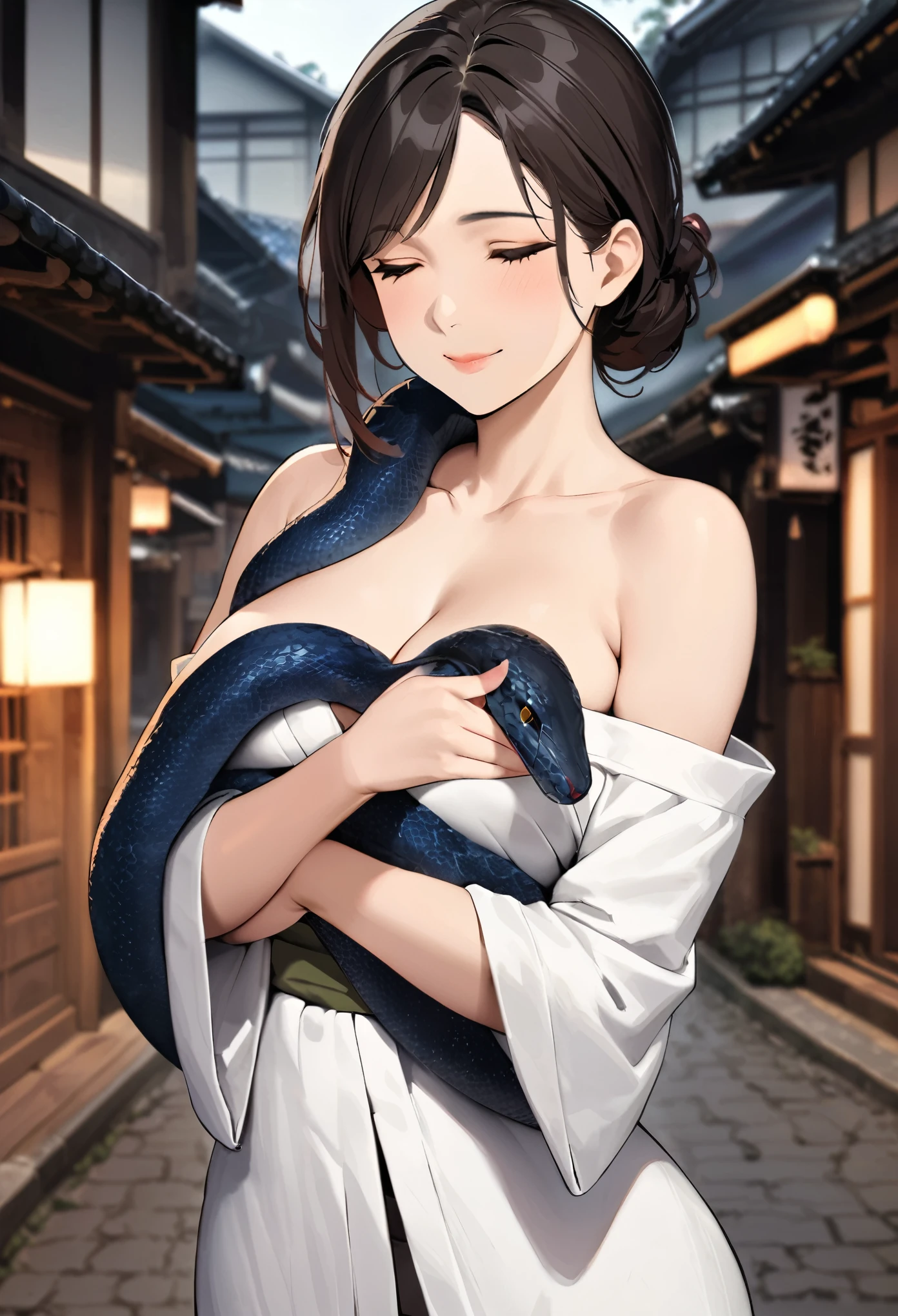 Fine and smooth hair,Messy hairstyle,Neat but loose bangs,Beautiful woman puts black python on her body,smooth snake,(Python clings to skin:1.15),(Petting a python:0.9),Upper Body,(Wearing only an off-shoulder kimono:1.05),Smile,Beautiful lips,Close your eyes,Hollywood special effects,masterpiece,European beauties under soft light effect,(Cleavage:0.9),HD Wallpapers,Background blur,Japanese Alley Background,There are bamboos and forests in the distance,dark feeling,Gray sky