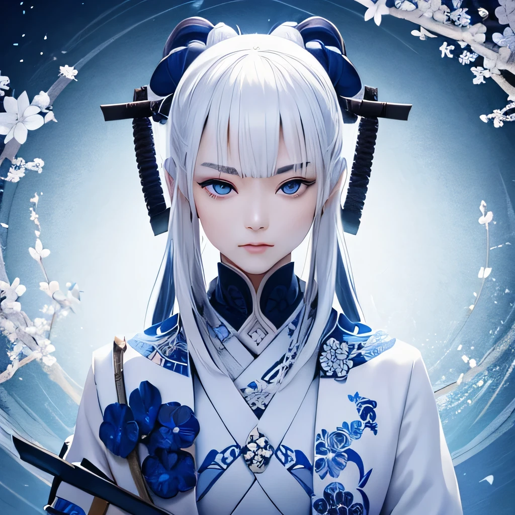 a samurai made out of porcelain、sword、 in the style of balanced symmetry、white and blue、 detailed facial features、organic forms、 meticulous portraiture、 complex patterns