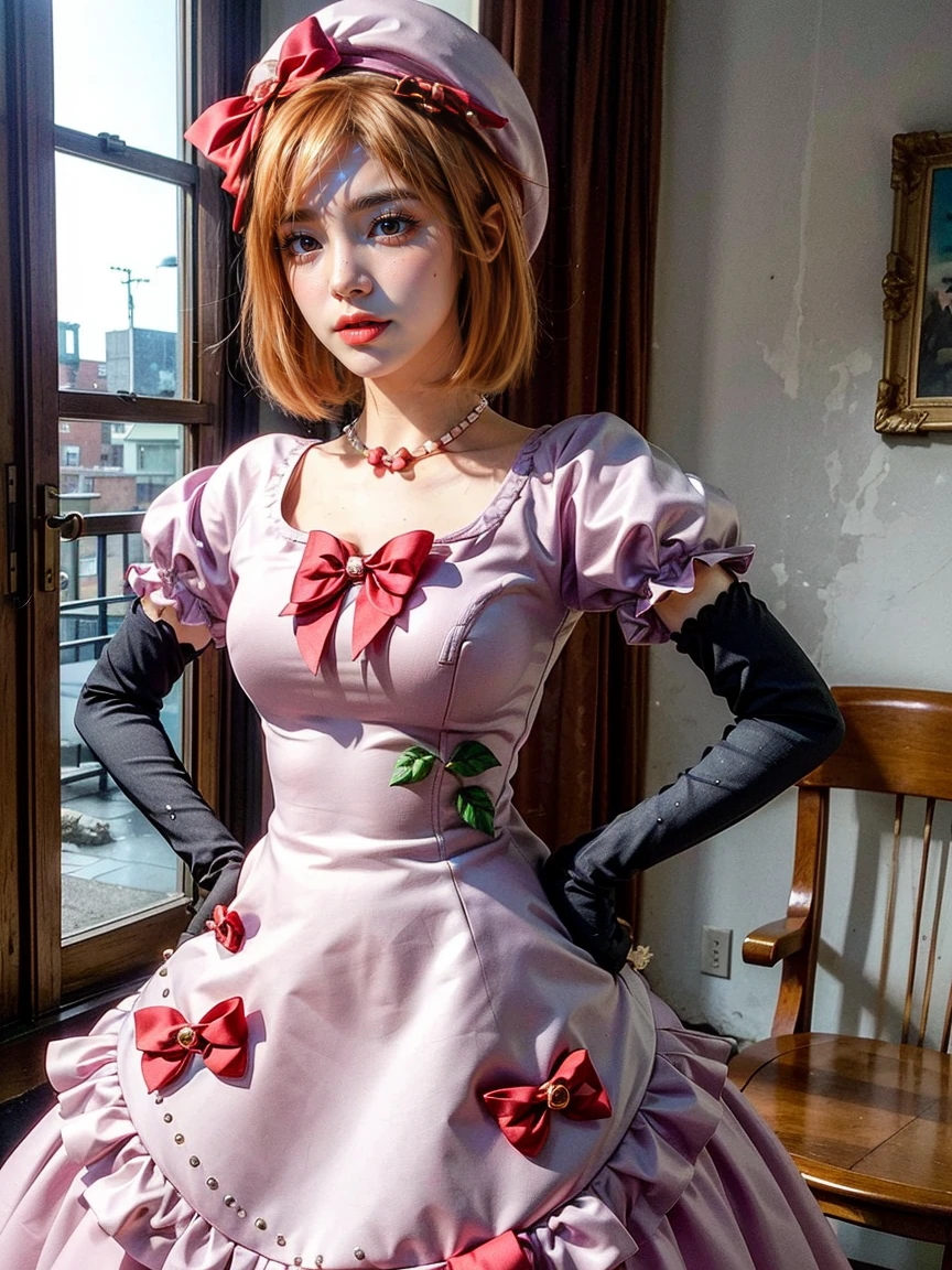 (1 lady), The beautiful, (Best quality at best:1.4), (ultra - detailed), (extremely detailed CG unified 16k), orange redhair, very detailed, High-definition RAW color photo, professional photoshooting, amazing face and eyes, cosmetics, (amazingly beautiful girl), ((lambdadelta, tall woman, taller)), ((dress, red bow, pink hat, necklace, gloves, pearl, pink dress)), standing, realistic cinematic face, photo portrait, upper body (shoulders to head), photorealistic, ((realistic natural orange redhair style, red eyes)), gorgeous, extremely beautiful face, perfect model beauty, pout mouth, flirting smile, cleavages, city girl, western, (masterpiece), best quality, high resolution, extremely detailed, blurred background, depth of field, cinematic lighting, clear and well-cared skin
