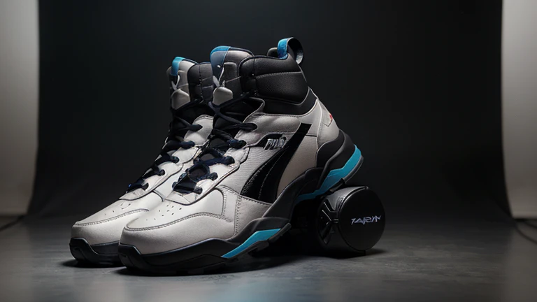 a high quality photorealistic image of a Puma X-Ray 2 sneaker with Oakley boot, detailed texture, intricate design, futuristic, sleek, 8K, HDR, studio lighting, physically-based rendering, vivid colors, cinematic framing, product photography, professional quality