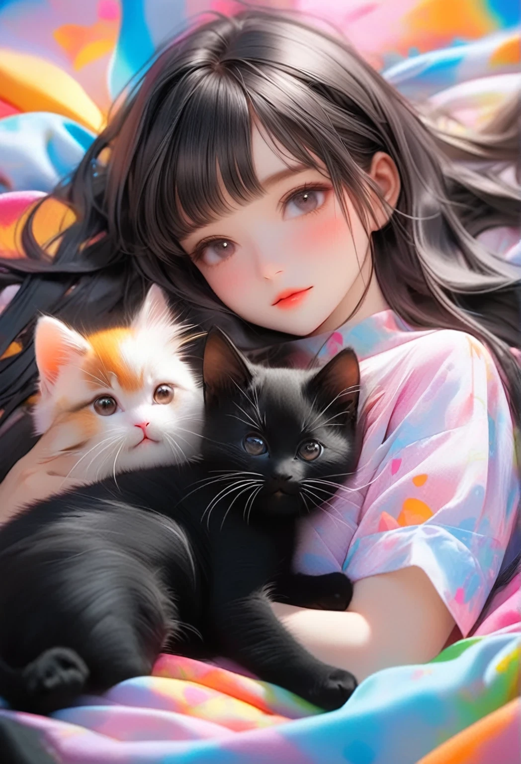 raw photo, cute girl, perfect beauty, flowy jet black long straight hair, blunt bangs, lying, holding kitten, vibrant colors, face up focus:1.2