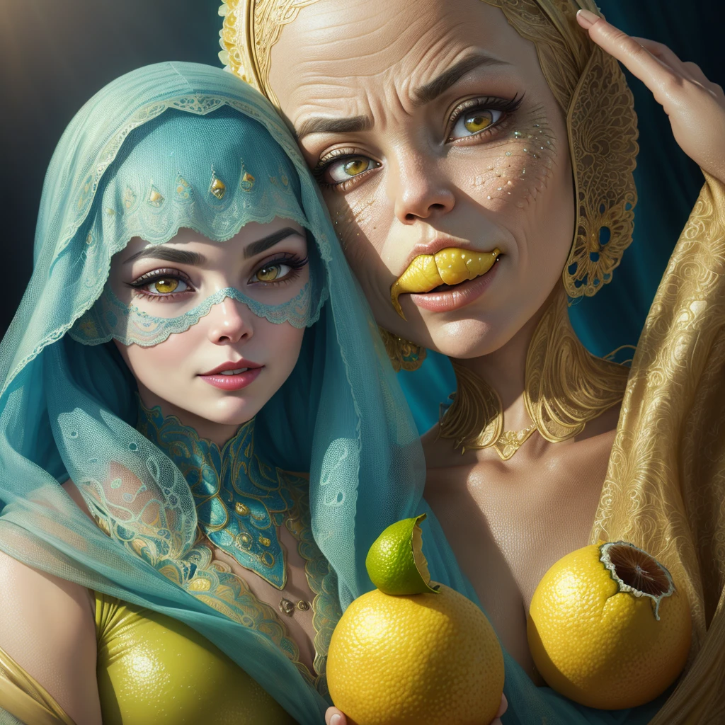 (horror, comedy) (lemon eating challenge) a young woman with beautiful detailed eyes, beautiful detailed lips, extremely detailed eyes and face, long eyelashes, another young woman with beautiful detailed eyes, beautiful detailed lips, extremely detailed eyes and face, long eyelashes, both women in sexy metallic sci-fi bikinis, unhappy expressions(they have just eaten a lemon, mouth puckered) , Jabba the Hutt chuckling and filming, 8k, high quality, photorealistic, cinematic lighting, dramatic colors, science fiction, fantasy, digital painting (show her full body)
