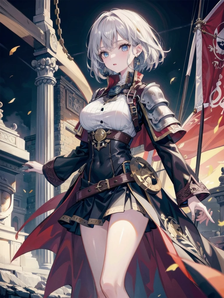 4K,High resolution,One Woman,Grey Hair,Short Hair,Red eyes,Big Breasts,Valkyrie,black sacred armor,Winged headgear,Gold decoration,Jewelry decoration,Holy Long Sword,Temple in the Sky