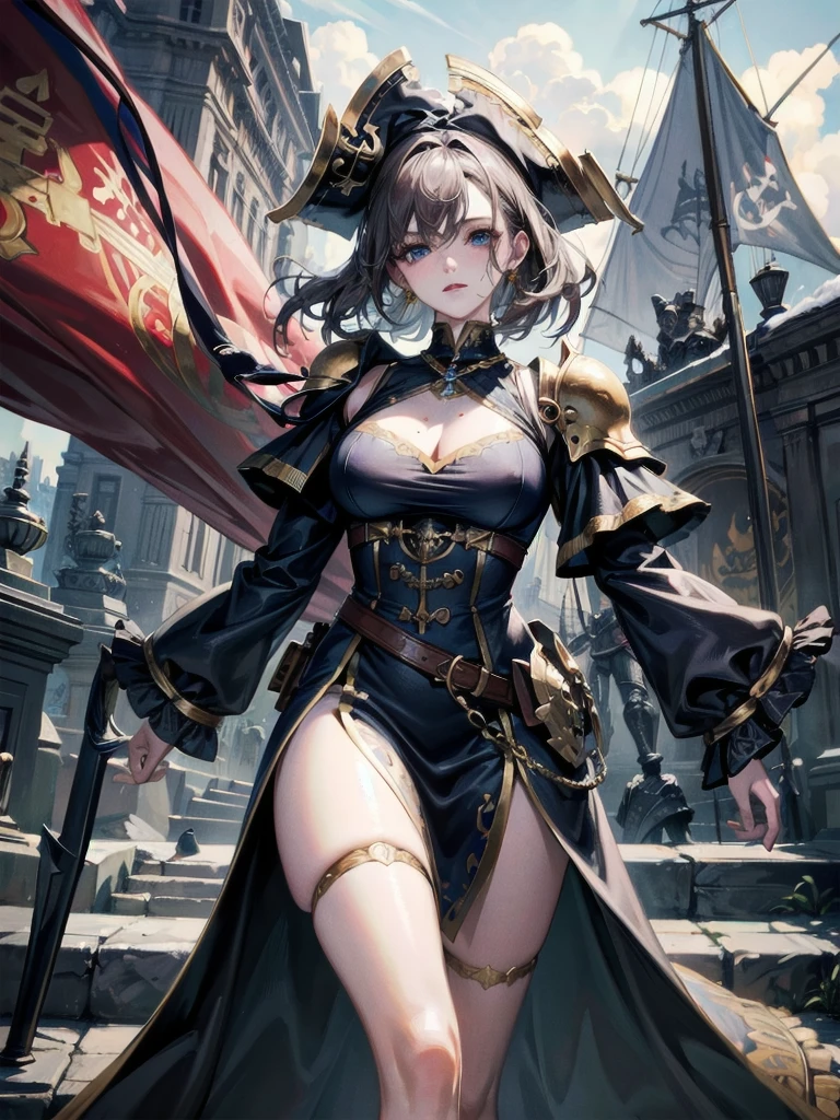 absurdres, RAW photo, extremely delicate and beautiful, masterpiece, Best Quality, ultra high resolution, 32k, hyperrealistic, ultra-detailed, perfect figure, detailed description, pale skin, 20 years old, detailed beautiful face and eyes, tearful mole, earring, short medium hair, wavy hair, full body, a heavily armored pirate, pirate captain, detailed metal armor, intricate pirate clothing, bold colors, highly detailed metal textures, holding a massive anchor,