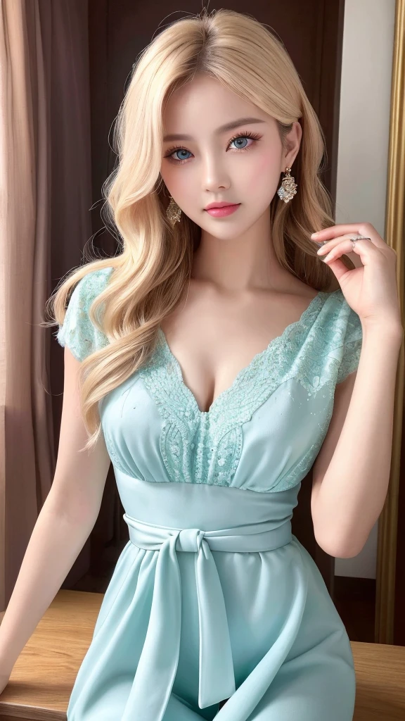 ((highest quality)), ((masterpiece)), (detailed), Single-lens reflex camera、Reality、whole body、wallpaper、Attention to detail、Attention to detail、Serious look、Well-proportioned face、Ultra-high resolution、Ultra HD、Perfect proportions、Tight waist、Blonde Hair、Blue Eyes、Beautiful Hair、Beautiful Skin、Beautiful white skin、Glossy pink lips、Russian Beauty、Korean Beauty,(masterpiece:1.3), Best image quality: 1.3, Rough hairstyles、Adult sex appeal,Actively moving、Stylish clothes、Beautiful accessories,career woman,beauty secretary