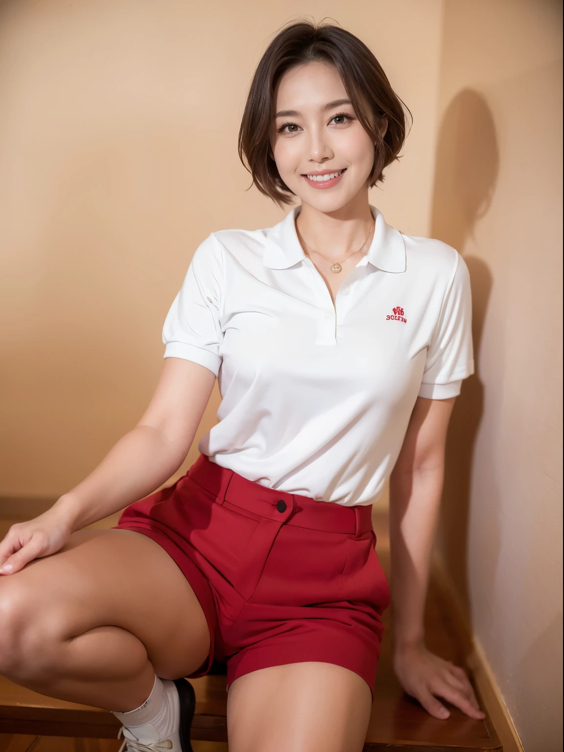 (RAW Photos:1.2), (Realistic:1.4),Beautiful detailed woman,非常にFine Eyesと顔, Fine Eyes, Very detailed,High resolution, Very detailed,highest quality,Awareness-raising,Unified,8k wallpaper,masterpiece,highest quality,1 female,alone,rich,Esbian all over,(A little chubby:0.8),Thick legs,alone,(Wearing golf wear)、(White polo shirt)、(Red culottes)、(White knee-high socks)、(White Golf Shoes)、jewelry, necklace ,short hair,A kind smile,A dignified atmosphere,black eye,Realistic,Golf course , (Morning golf course:1.1),(Stand upright:1.4)