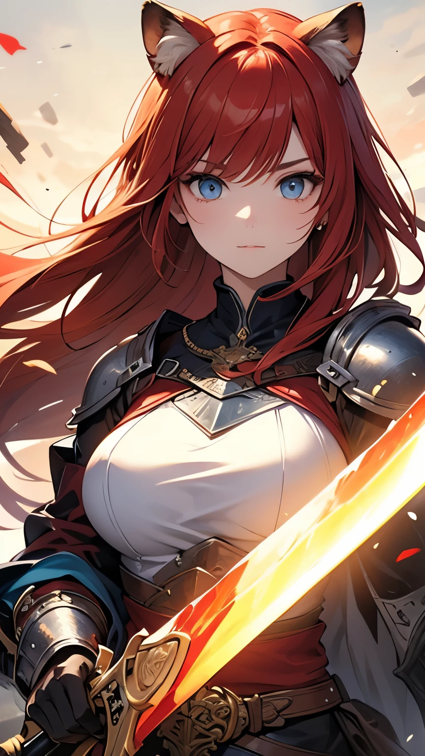 ((best quality)), ((masterpiece)), (detailed), perfect face, Highly detailed face, detailed eyes, (looking at viewer:1.2), (red hair), bangs, ((hair over shoulder)), floating hair, raccoon ears, The armor worn by medieval Western knights, the shiny design, the toned waist, the fantasy novels, the powerful gaze, ((she holds a long, huge sword that shines red)), fantasy art, bloody armor, burning ruins, flat chest