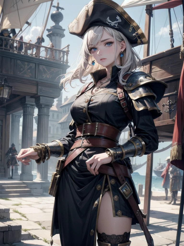 absurdres, RAW photo, extremely delicate and beautiful, masterpiece, Best Quality, ultra high resolution, 32k, hyperrealistic, ultra-detailed, perfect figure, detailed description, pale skin, 20 years old, detailed beautiful face and eyes, tearful mole, earring, short medium hair, wavy hair, full body, a heavily armored pirate, pirate captain, detailed metal armor, intricate pirate clothing, bold colors, highly detailed metal textures, holding a massive anchor,