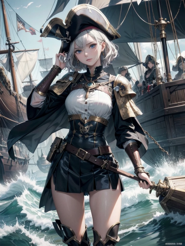 absurdres, RAW photo, extremely delicate and beautiful, masterpiece, Best Quality, ultra high resolution, 32k, hyperrealistic, ultra-detailed, perfect figure, detailed description, pale skin, 20 years old, detailed beautiful face and eyes, tearful mole, earring, short medium hair, wavy hair, full body, a heavily armored pirate, pirate captain, detailed metal armor, intricate pirate clothing, bold colors, highly detailed metal textures, holding a massive anchor, 