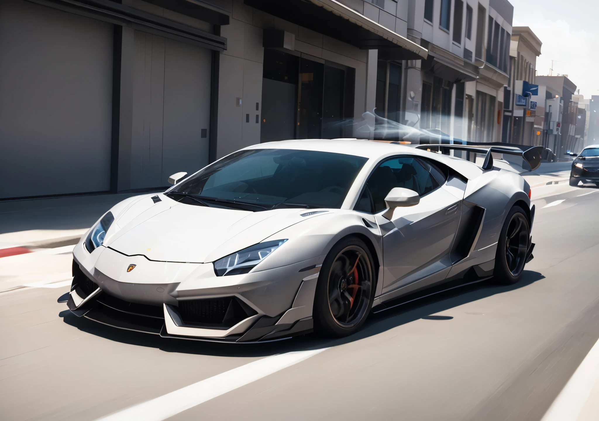 arafed sports car driving down a city street with a smoke trail, bold lamborghini style, sportcar, wide body, sport car, supercar, sports car, super car, photoshoot, matte white paint, full view of a sport car, vehicle photography, with sleek lines and a powerful, octane render ”, octane render”, octane cgsociety