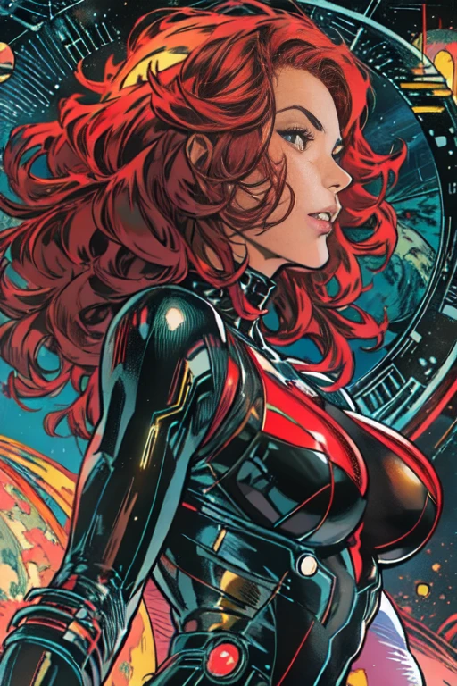masterpiece,very sharp image,(((The Perfect One Woman))),(((one person))),retro space futurism, beautiful detailed face,blackwidow, marvel comics, hi-tech armor over black latex catsuit, mid shot destance, long red curly hair,in deep space, with several planets and suns in the background, Excellent sense,medium breasts,cleavage,American Comics,colorful,highly detailed body,