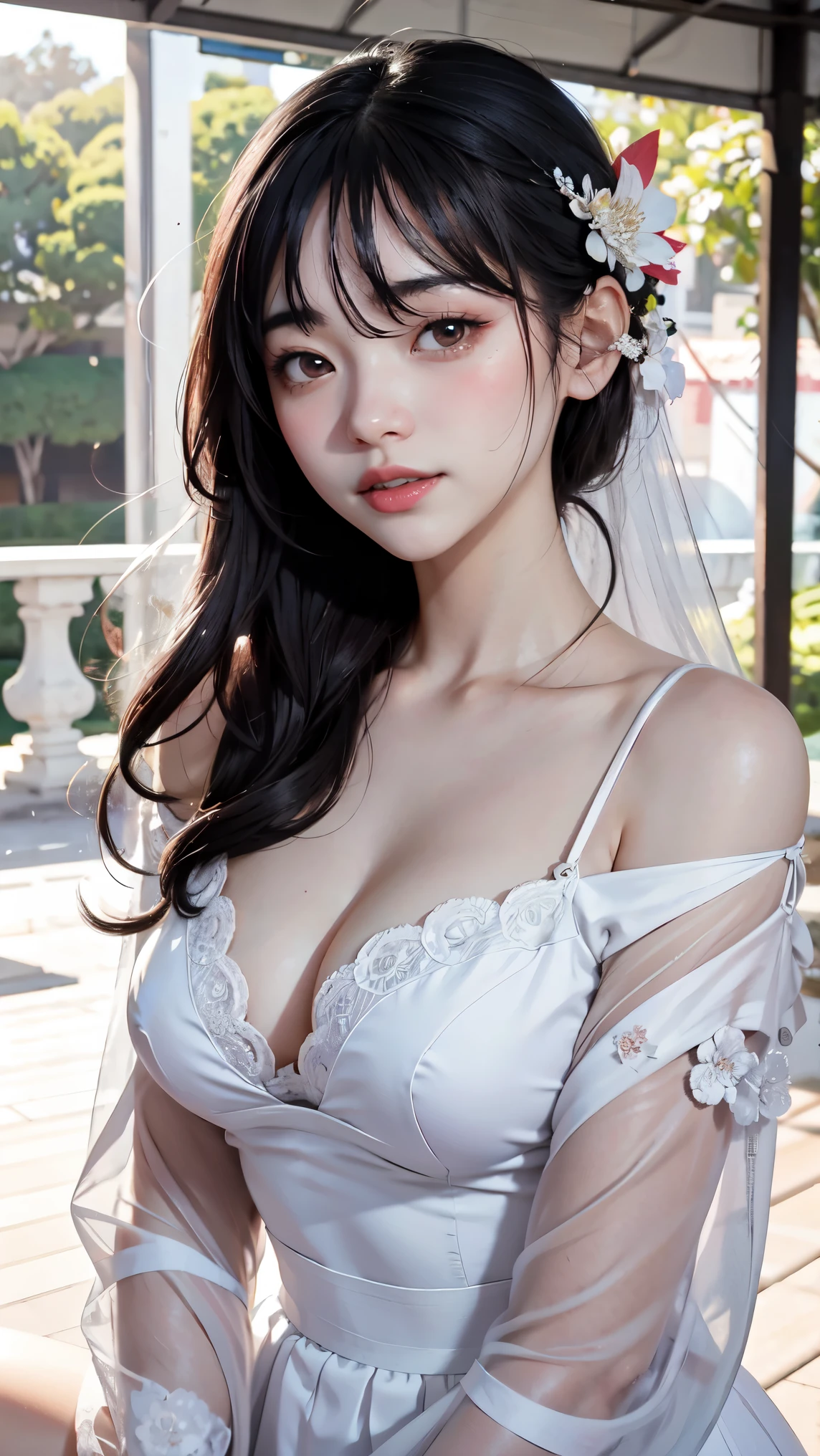 un primer plano de una mujer con cabello largo y una flor rosa en la cara, maquillaje popular de Corea del Sur, inspirado por Yanjun Cheng, maquillaje coreano popular, Beautiful aesthetic face, Yanjun Chengt, Ethereal Beauty, with ethereal flowering effects, Obras de arte al estilo de Guweiz, Guweiz, por Ye Xin, inspirado por Ma Yuanyu