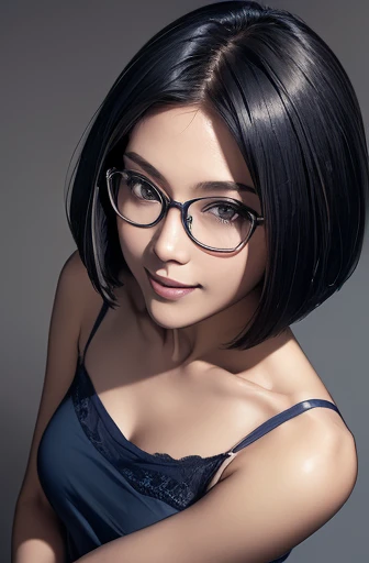 (masterpiece), (8k, best quality, high resolution), (ultra-detailed, realistic), (anatomically correct),  
((from above)), ((look up and see the viewer)), 
((face close-up)), (Standing), (No background),
(1woman),   
(A Japanese woman, 30 years old and 155cm tall.), 
(((Wear a navy blue tunic camisole))), ((A camisole without decoration.)),  
(black hair), (straight hair), (short hair style), ((bob cut)), 
(wear glasses), (black square cell glasses), 
((smile broadly)), 
(Her impression is pure, clean and kind.),
