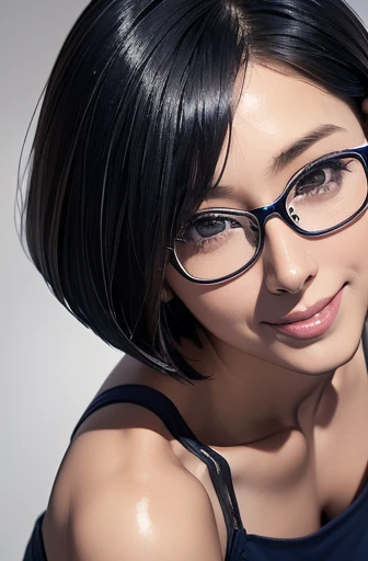 (masterpiece), (8k, best quality, high resolution), (ultra-detailed, realistic), (anatomically correct),  
((from above)), ((look up and see the viewer)), 
((face close-up)), (Standing), (No background),
(1woman),   
(A Japanese woman, 30 years old and 155cm tall.), 
(((Wear a navy blue tunic camisole))), ((A camisole without decoration.)),  
(black hair), (straight hair), (short hair style), ((bob cut)), 
(wear glasses), (black square cell glasses), 
((smile broadly)), 
(Her impression is pure, clean and kind.),
