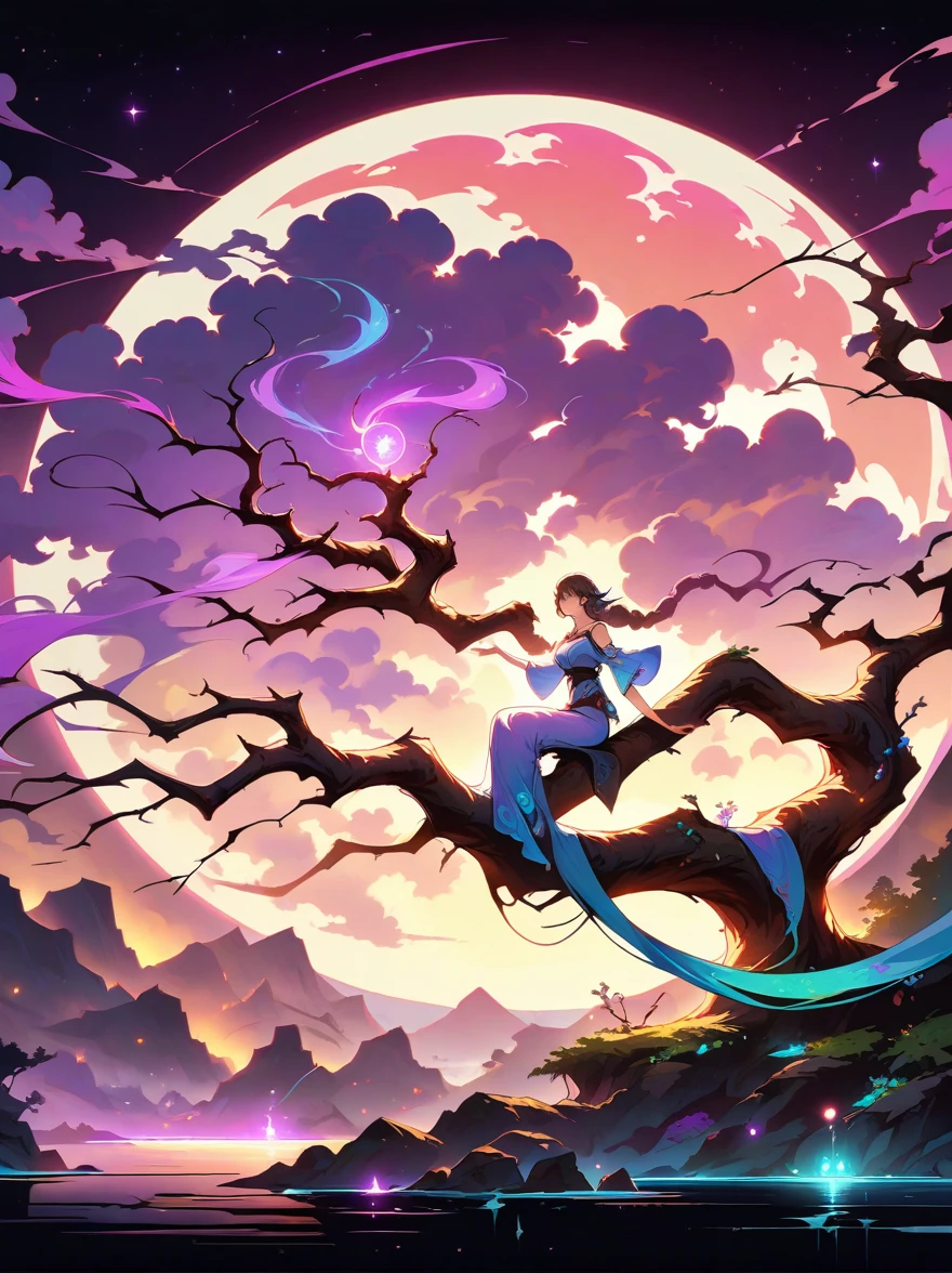 yinji，Romantic ancient style，night，Backlight，A man and a woman sitting on a tree branch，There is a full moon behind，Fresh colors，Soft colors，Diode lamp，Concept art style，Extremely complex details，Clear distinction between light and dark，Structured，Ultra HD, 1yj1