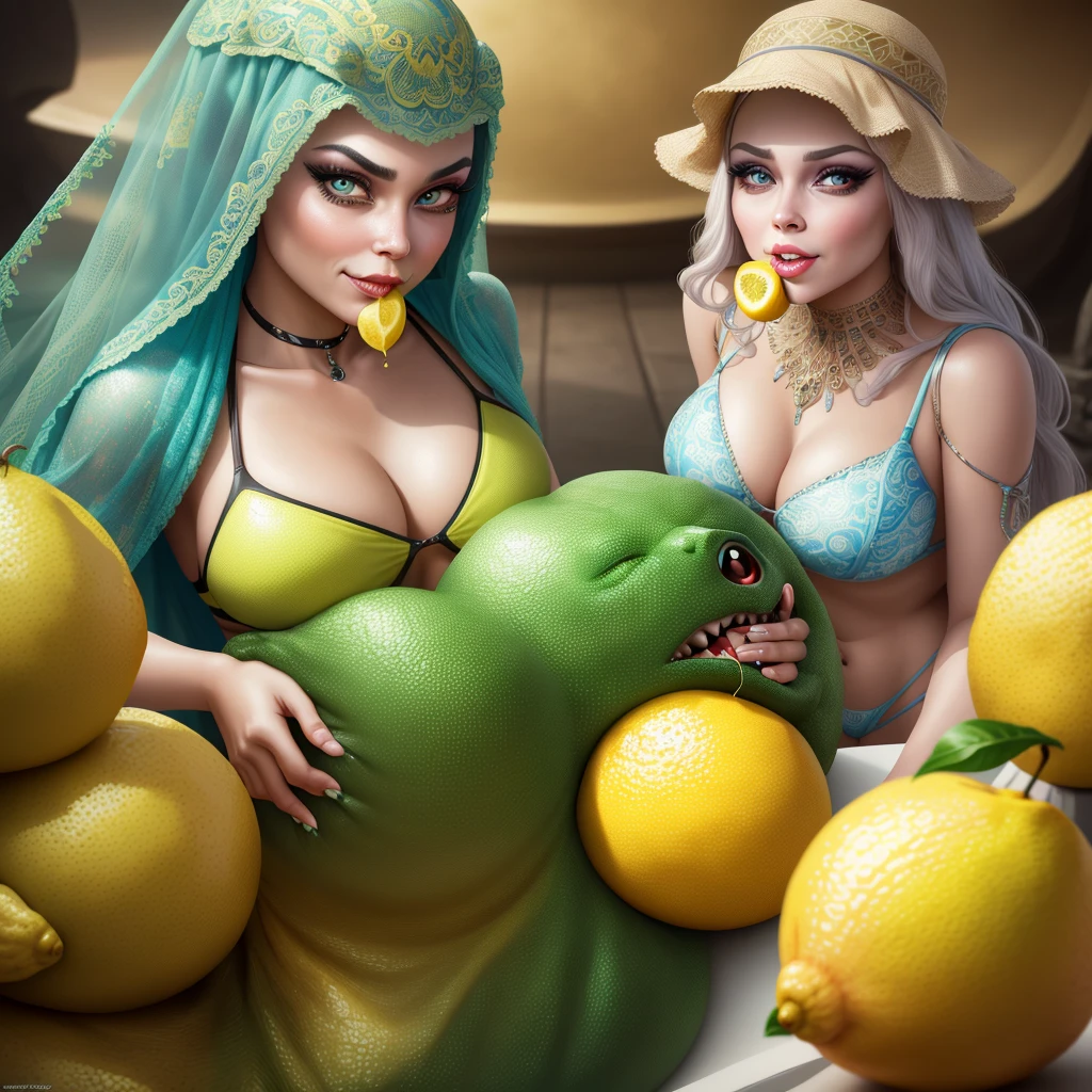 (horror, comedy) (lemon eating challenge) a young woman with beautiful detailed eyes, beautiful detailed lips, extremely detailed eyes and face, long eyelashes, another young woman with beautiful detailed eyes, beautiful detailed lips, extremely detailed eyes and face, long eyelashes, both women in sexy metallic sci-fi bikinis, unhappy expressions(they have just eaten a lemon, mouth puckered) , Jabba the Hutt chuckling and filming, 8k, high quality, photorealistic, cinematic lighting, dramatic colors, science fiction, fantasy, digital painting (show her full body)