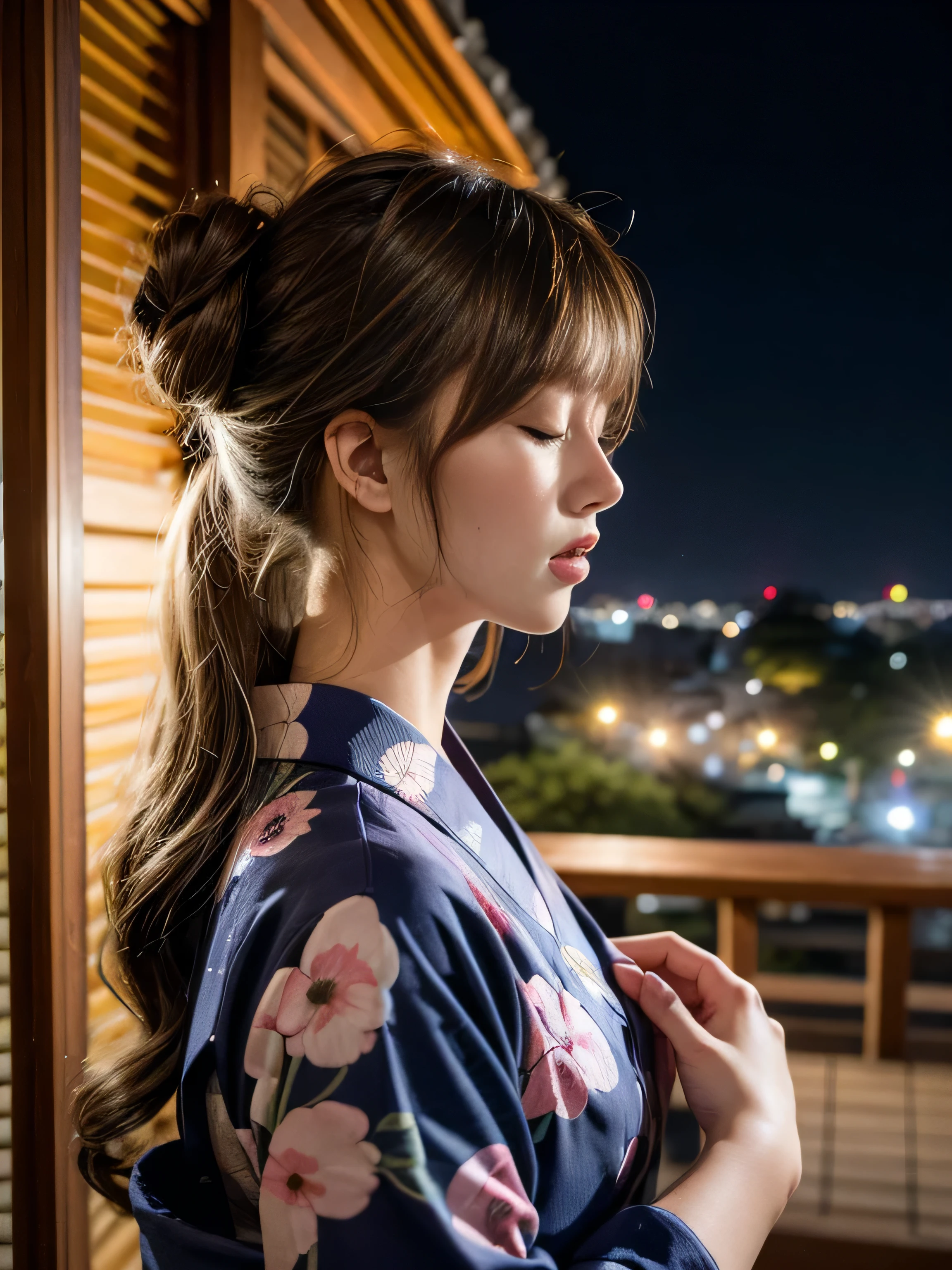 19 years old child, (wearing a navy pink yukata:1.2), (The yukata has flower-patterns on it:1.2), break, big round breast, ((updo hairstyle, Dark blonde hair, wavy hair, long hair, asymmetric bangs:1.2)), (:1.3), (closed eyes:1.3), (blush:1.3), (photorealistic:1.2), (ultra realistic:1.3), (very detailed:1.1), ((masterpiece)), depth of field, from side, cowboy shot, Kiyomizu Temple, (at night:1.3).
