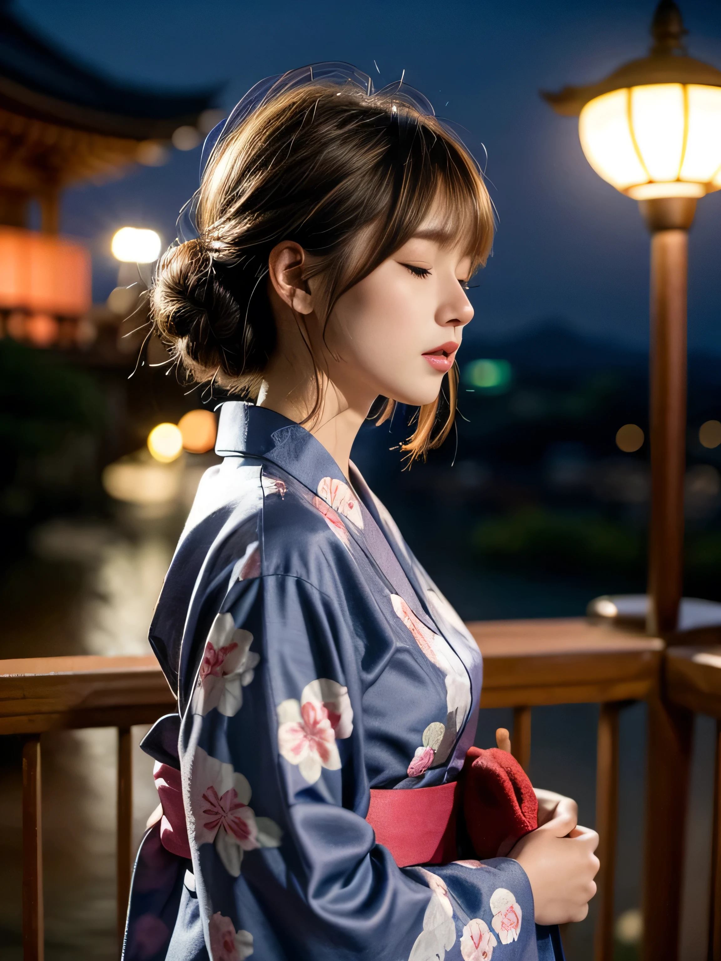 19 years old , (wearing a navy pink yukata:1.2), (The yukata has flower-patterns on it:1.2), break, big round breast, ((updo hairstyle, Dark blonde hair, wavy hair, long hair, asymmetric bangs:1.2)), (:1.3), (closed eyes:1.3), (blush:1.3), (photorealistic:1.2), (ultra realistic:1.3), (very detailed:1.1), ((masterpiece)), depth of field, from side, cowboy shot, Kiyomizu Temple, (at night:1.3).