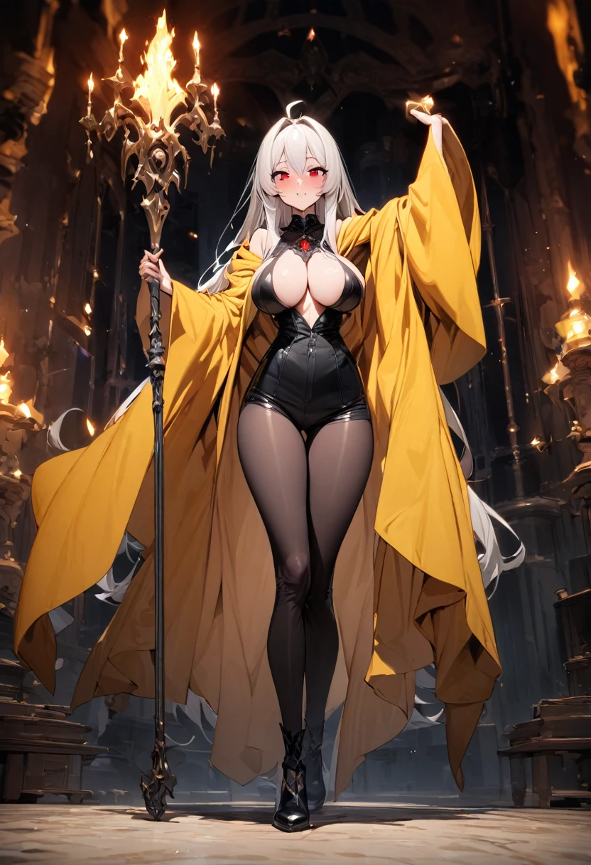 masterpiece, highest quality, ultra-definition, beautiful definition, one girl, solo, 18-year-old woman, stand up,full body, bewitching face, dovetail eyes,red eyes, yellow wizard robe ,black pants, small silkhat, white long hair,big breasts