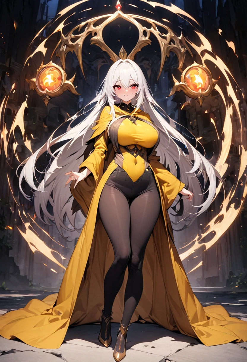 masterpiece, highest quality, ultra-definition, beautiful definition, one girl, solo, 18-year-old woman, stand up,full body, bewitching face, dovetail eyes,red eyes, yellow wizard robe ,black pants, small silkhat, white long hair,big breasts