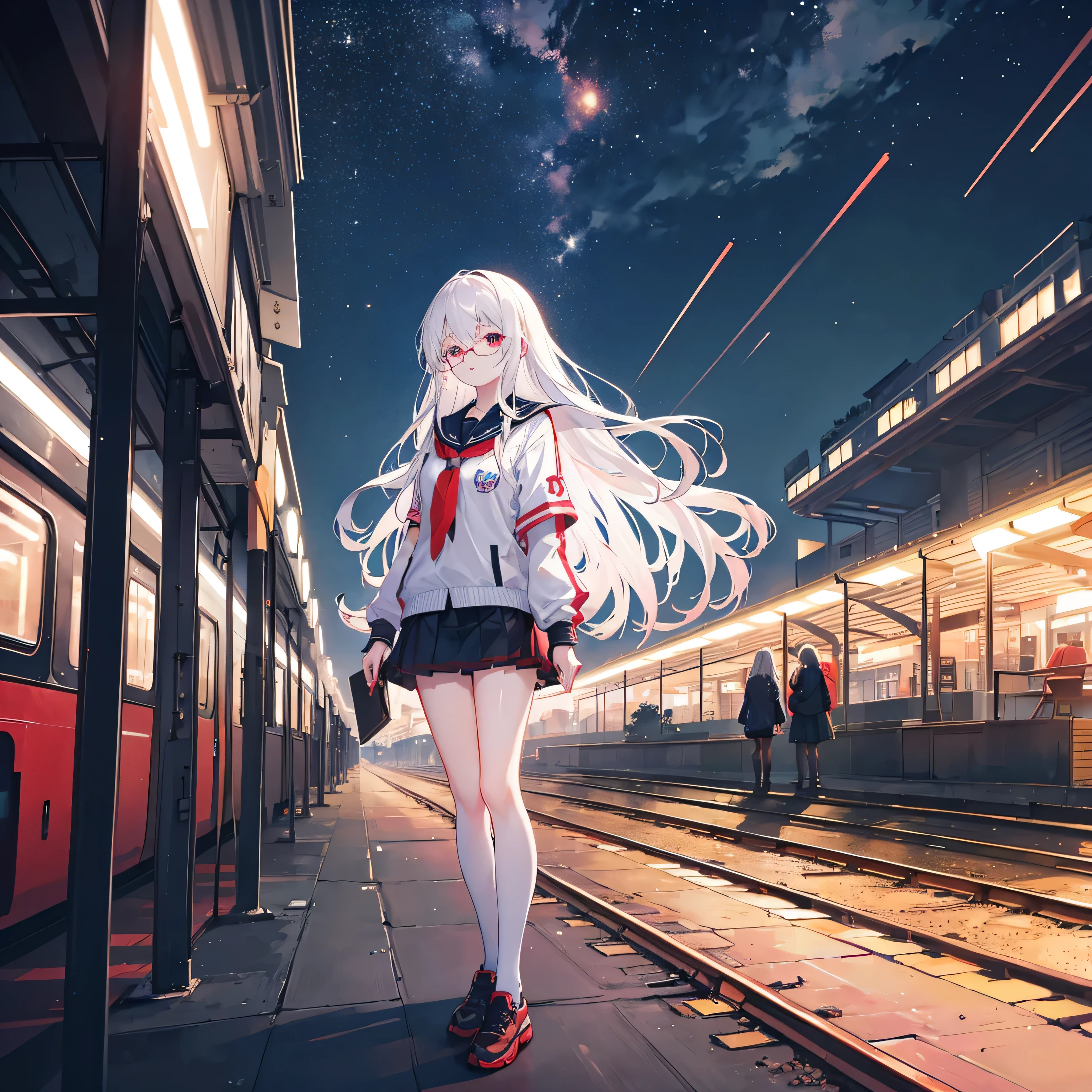 long shot,Overlooking,Depth of Field,masterpiece,best quality,4k,A -yeld giWhite long hair,Red pupils,Glasses,Student clothing),Train platforms,Neon,night,Starry Sky