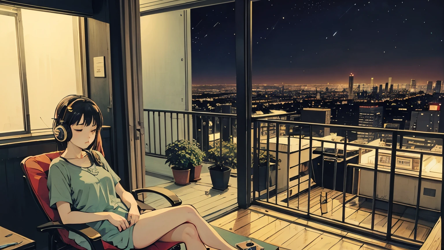 1 girl, 90s anime style, night, star, Balcony of an urban apartment、Girl sleeping in a chair with headphones on, late night , Listening to music alone, Sleeping while sitting、City Pop, high quality,  綺麗なnight景、Lo-Fi, Chill, late night,都会のnight景、A stylish balcony、Foliage plant、 futuristic night view outside the window, 