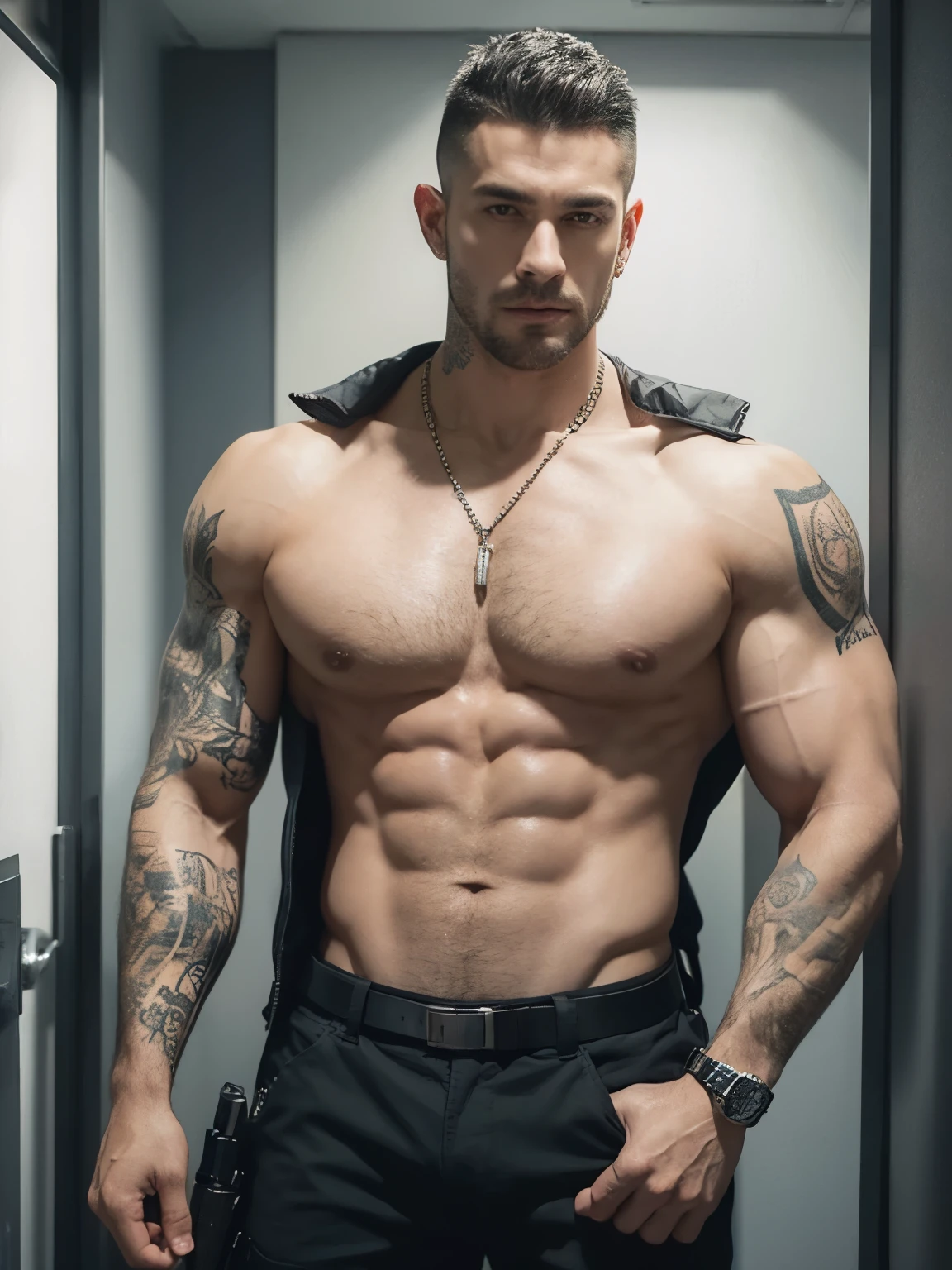 Police, police officer wearing uniform, police uniform, cops, security guard, daddy, handsome male, muscular, muscular arms, muscular chest, open chest, tattooed, tattooed arms, veiny, buzz cut, necklace, earrings, seductive, 8k, super detail, masterpiece, textured skin, super detail, best quality, 8k, realistic, superrealistic