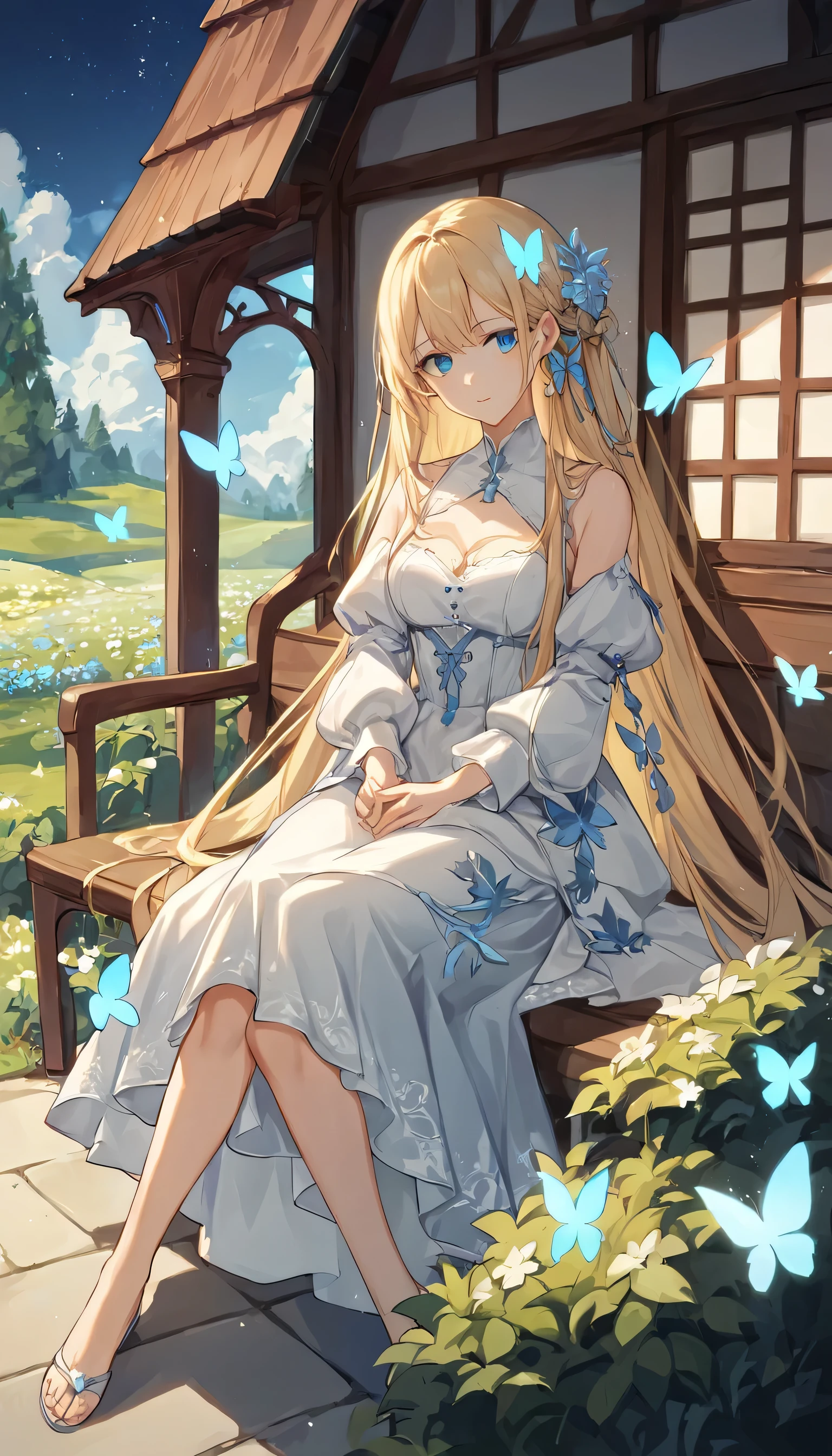 score_9, score_8_up, score_7_up, score_6_up, score_5_up, score_4_up, BREAK source_anime,rating_save, A girl with very long blonde hair sitting serenely on a bench out front of her house dressed in a white cololor sparkling dress with glowing light blue accessories and light blue glowing flowers and butterflies at night near a beautiful house
