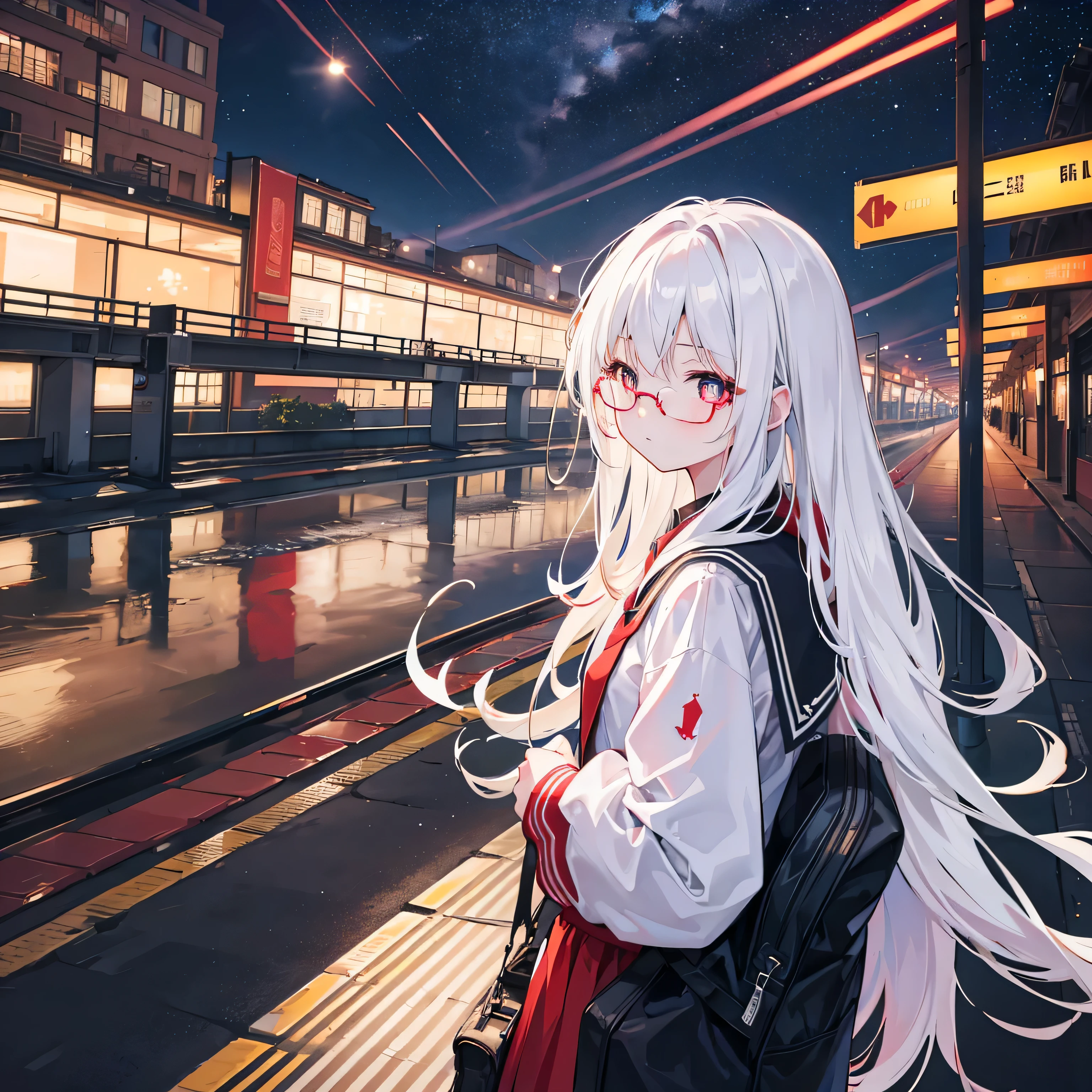 long shot,Overlooking,Depth of Field,masterpiece,best quality,4k,A 16-year-old girl(White long hair,Red pupils,Glasses,Student clothing),Train platforms,Neon,night,Starry Sky