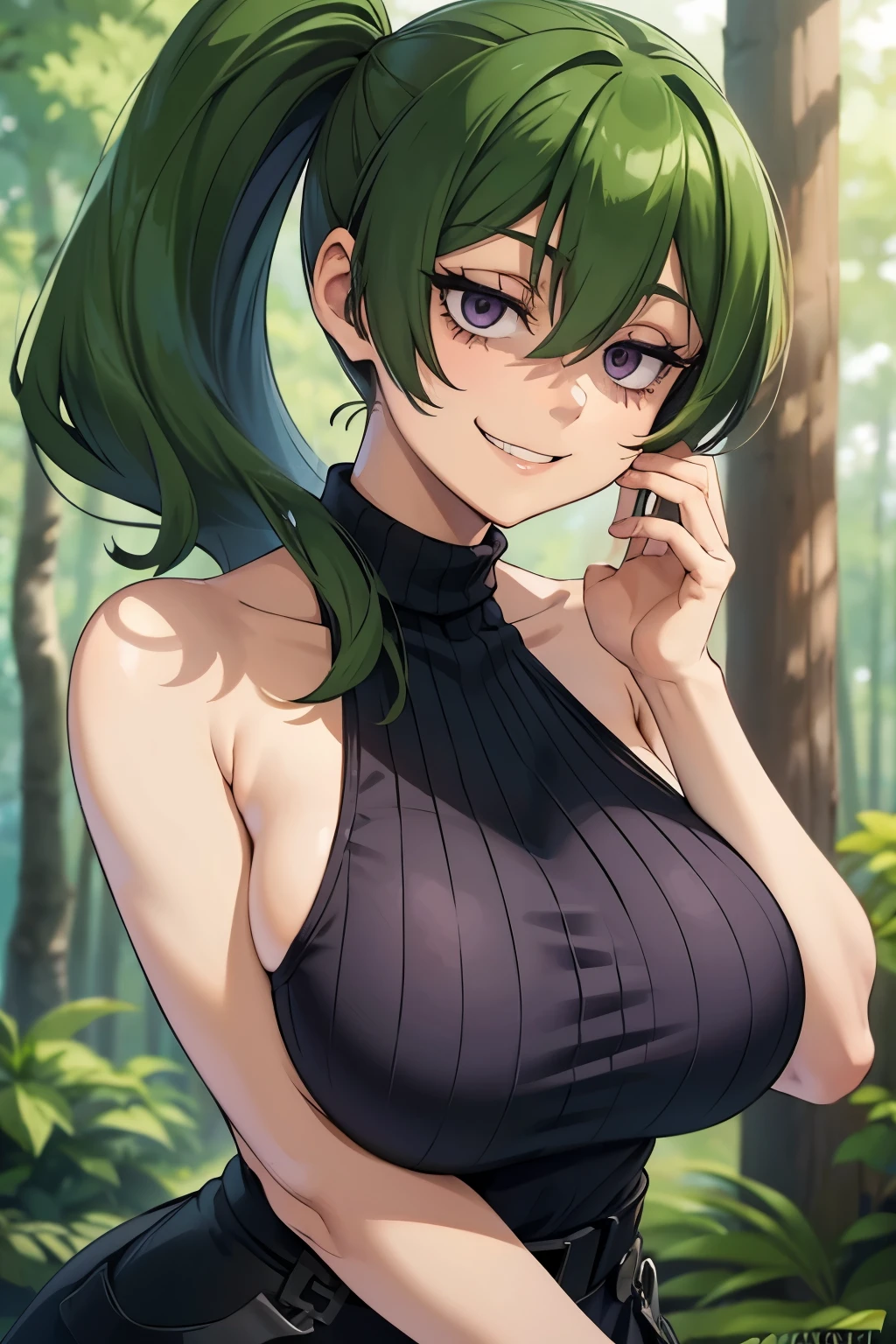 1 hot girl, green hair, side ponytail, purple eyes, grin, gorgeous, ubel, hands behind back, mischievous, sweater dress, sleeveless, bare legs, closeup, portrait, at forest, upper body, huge breasts