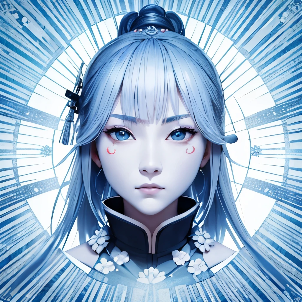 a samurai made out of porcelain、sword、 in the style of balanced symmetry、white and blue、 detailed facial features、organic forms、 meticulous portraiture、 complex patterns