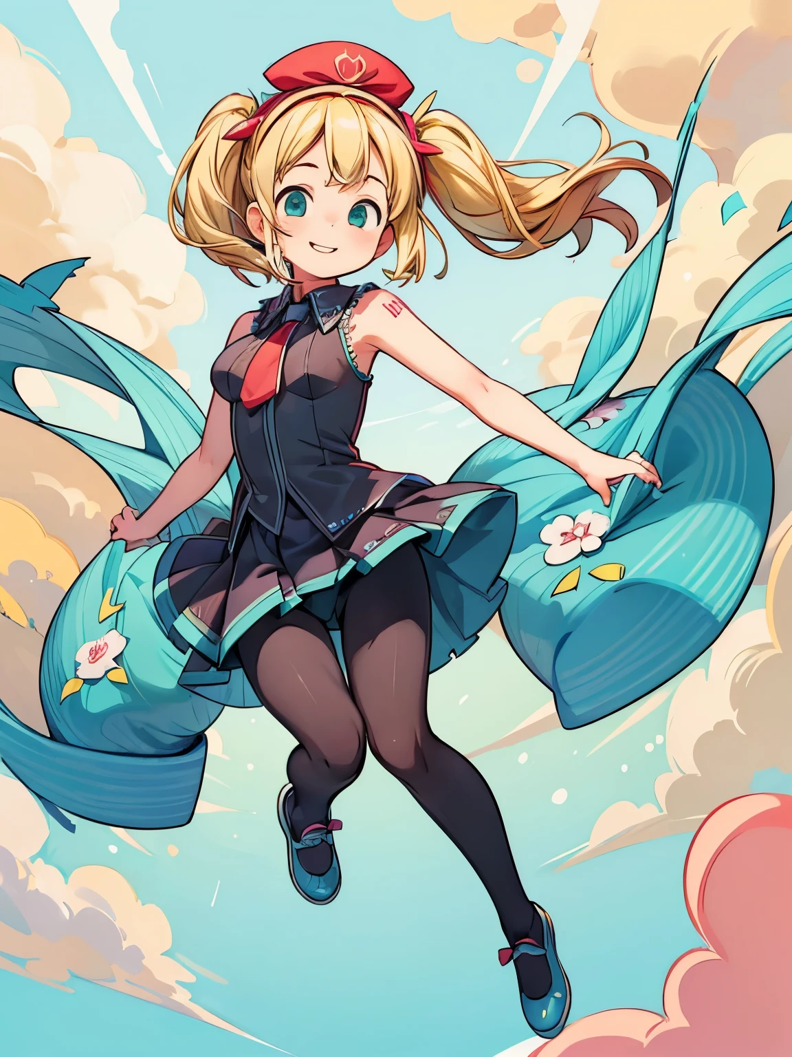 (masterpiece、highest quality、highest quality、Official Art、Beautiful and beautiful:1.2)、(One girl:1.3)Hatsune Miku、Twin tails,Big Breasts,A girl with striking blonde hair、hair ornaments、Short Bob、Black Pantyhose、Sleeveless、hot pants、smile、Cute shoes with accessories、Red Hairband、Dynamic pose