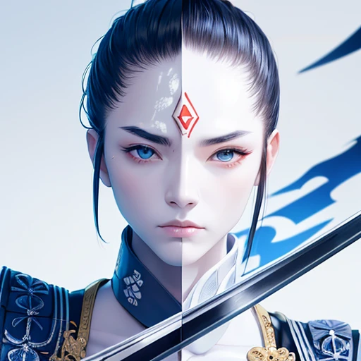 a samurai made out of porcelain、sword、 in the style of balanced symmetry、white and blue、 detailed facial features、organic forms、 meticulous portraiture、 complex patterns