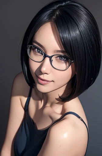 (masterpiece), (8k, best quality, high resolution), (ultra-detailed, realistic), (anatomically correct),  
((from above)), ((look up and see the viewer)), 
((face close-up)), (Standing), (No background),
(1woman),   
(A Japanese woman, 30 years old and 155cm tall.), 
(((Wear a navy blue tunic camisole))), ((A camisole without decoration.)),  
(black hair), (straight hair), (short hair style), ((bob cut)), 
(wear glasses), (black square cell glasses), 
((smile broadly)), 
(Her impression is pure, clean and kind.),

