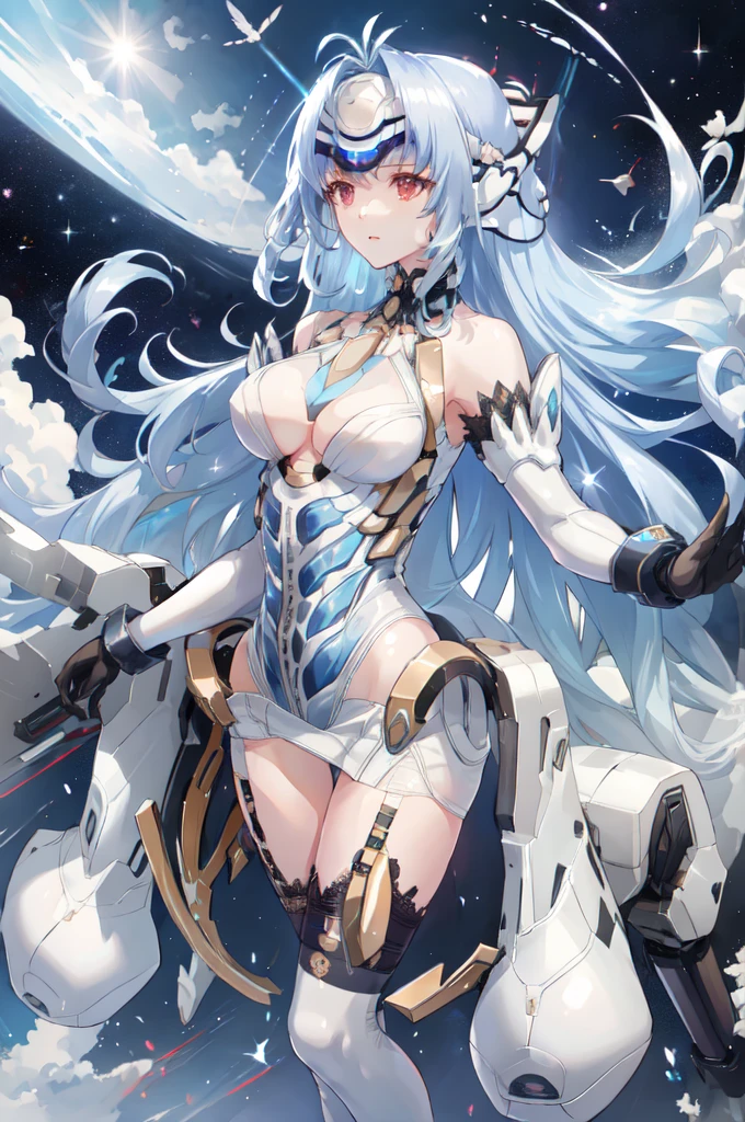 One Woman、whole body、(Spacewalk)、skinny、(Highest quality)tall、White garter stockings、Nipples、Light blue long-haired、Expressionless、White long gloves、Beauty