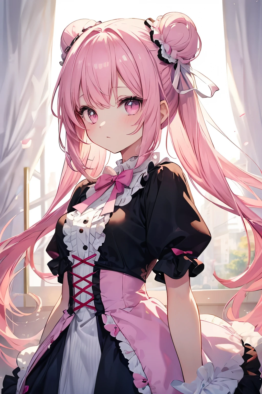 Pink Hair, Pink Eyes、girl、Small breasts、Hair Bun、girl、Small breasts、Lolita girl's bright smile、Looks about 15 years old、Petan Musume、He is short、Eye highlights、Sexy thighs、In underwear、Wearing sexy underwear、