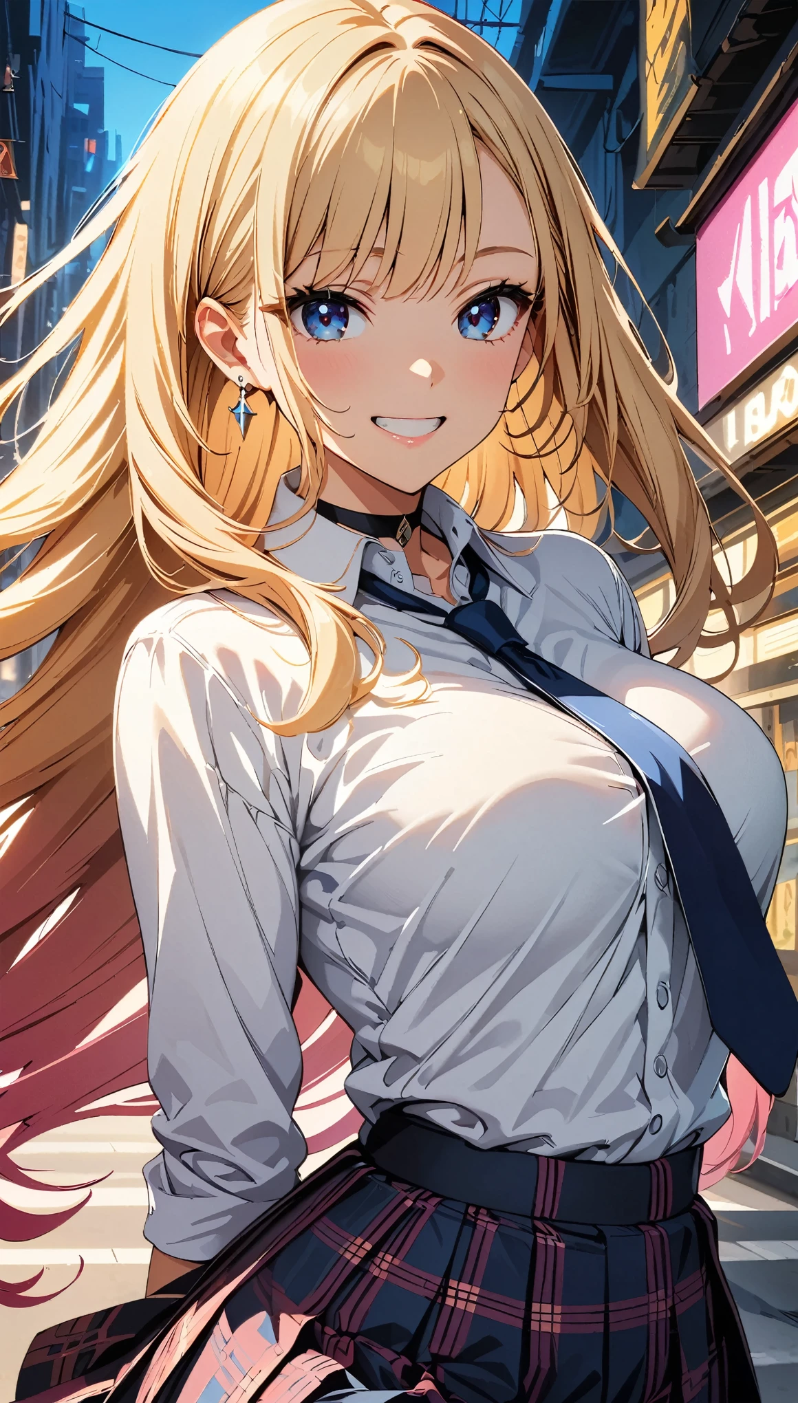 (highest quality:1.2, Anime artwork, Very detailed, High Detail, digital coloring, High Contrast, masterpiece:1.2, highest quality, Best aesthetics), (((kitagawa marin, 1 girl))), Blonde Hair, Straight long hair, Pink gradient hair, Red eyes, Earrings, White shirt, Black choker, Blue tie, Checked skirt, Grin, smile, Are standing, Cowboy Shot, bustling street, 